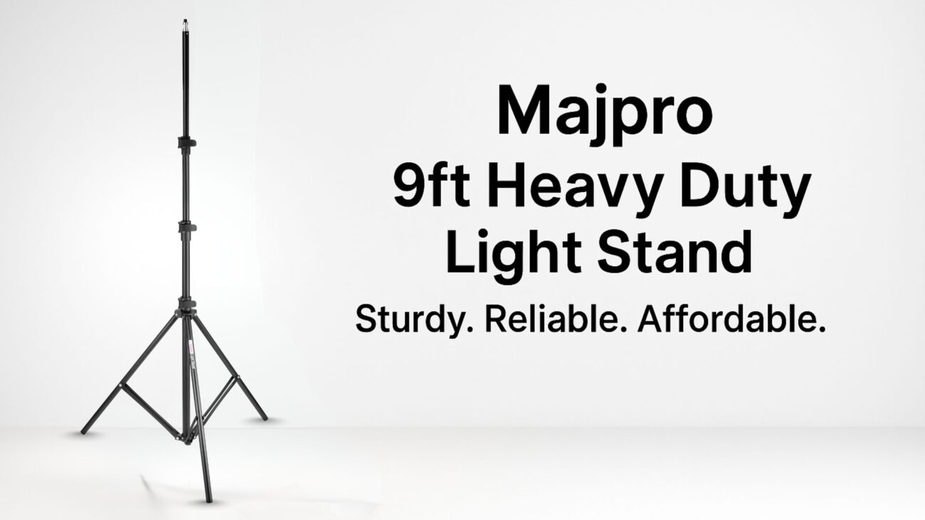 “Majpro 9ft Heavy Duty Light Stand – Sturdy. Reliable. Affordable.” in bold, modern style.