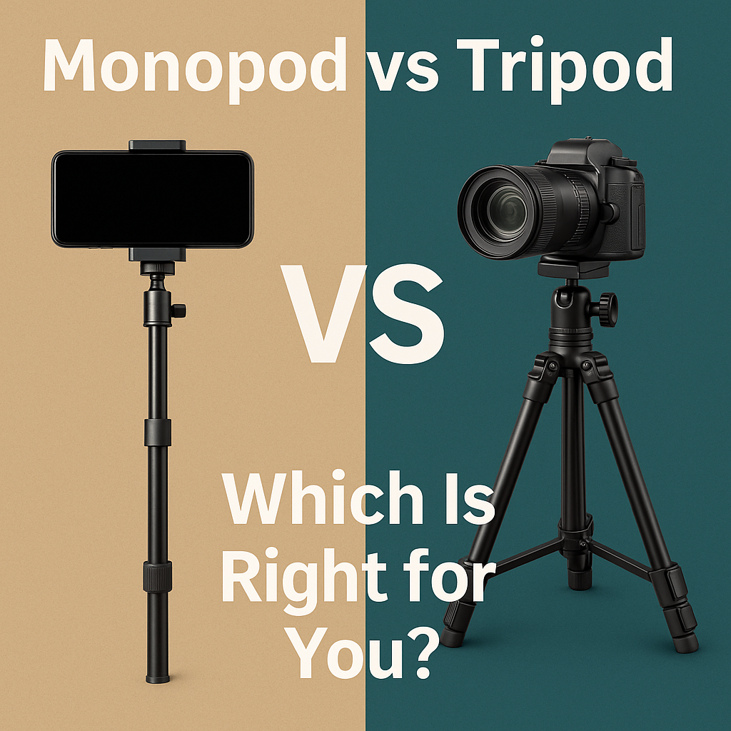 Comparison of a monopod and tripod side by side with camera setup – highlighting stability vs portability for photographers and creators.