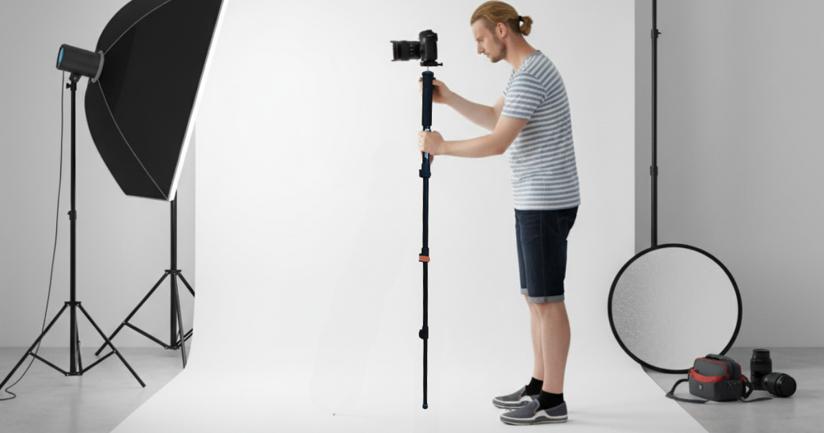 Best Monopod for DSLR being used in a professional indoor studio setup with a photographer adjusting the camera for stable shooting. Generate Alt