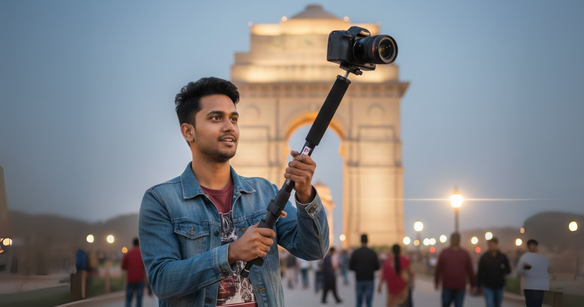 Photographer using MAJPRO Monopod for DSLR at India Gate Delhi – Best Monopod for Camera & Content Creators